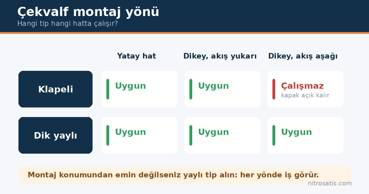 Çekvalf nedir, nasıl çalışır ve nasıl seçilir? 3 Çekvalf montaj yönü: klapeli ve dik yaylı çekvalf hangi hatta çalışır