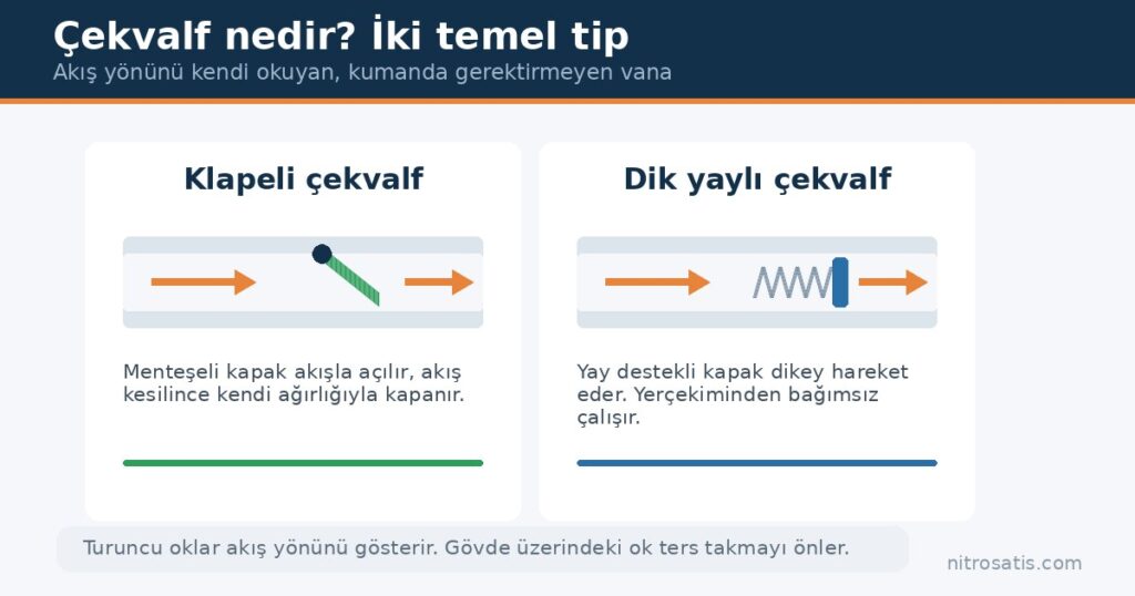 Çekvalf nedir sorusunun görsel cevabı: klapeli ve dik yaylı çekvalf karşılaştırması