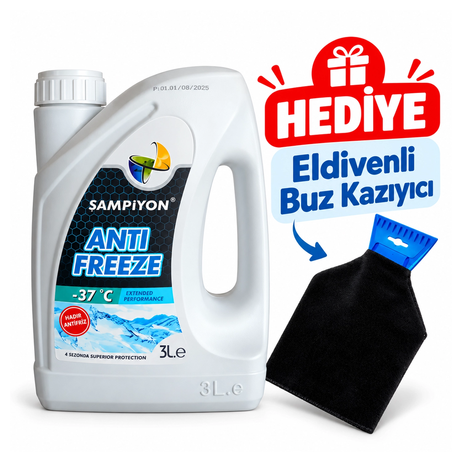 NTANF003-BKH Şampiyon Süper Antifriz -37°c Mavi Antifriz 3 Lt. - Eldivenli Buz Kazıyıcı Hediyeli - Görsel 1